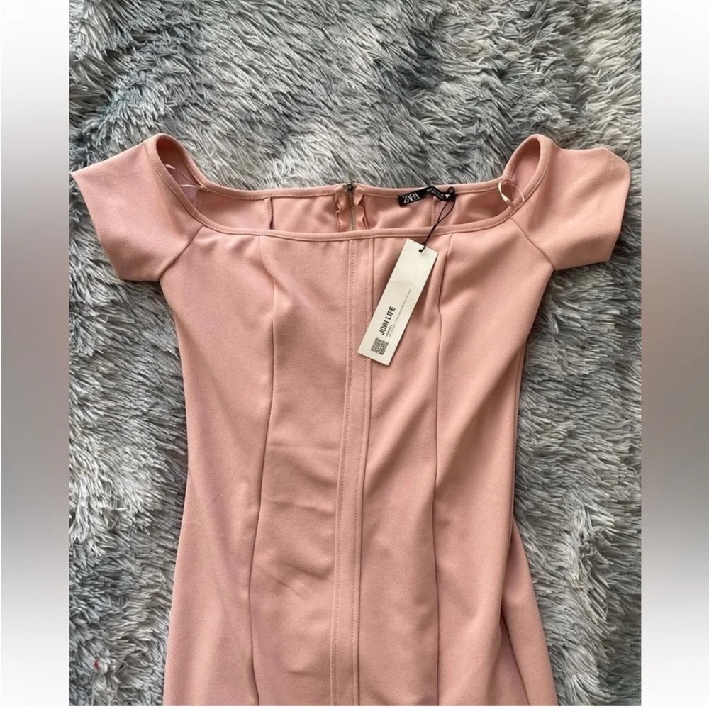 🆕(NWT) ZARA Bloggers Fav Blush Pink Off-The-Shoulder Sheath Midi/Maxi Dress. LG - Picture 14 of 15